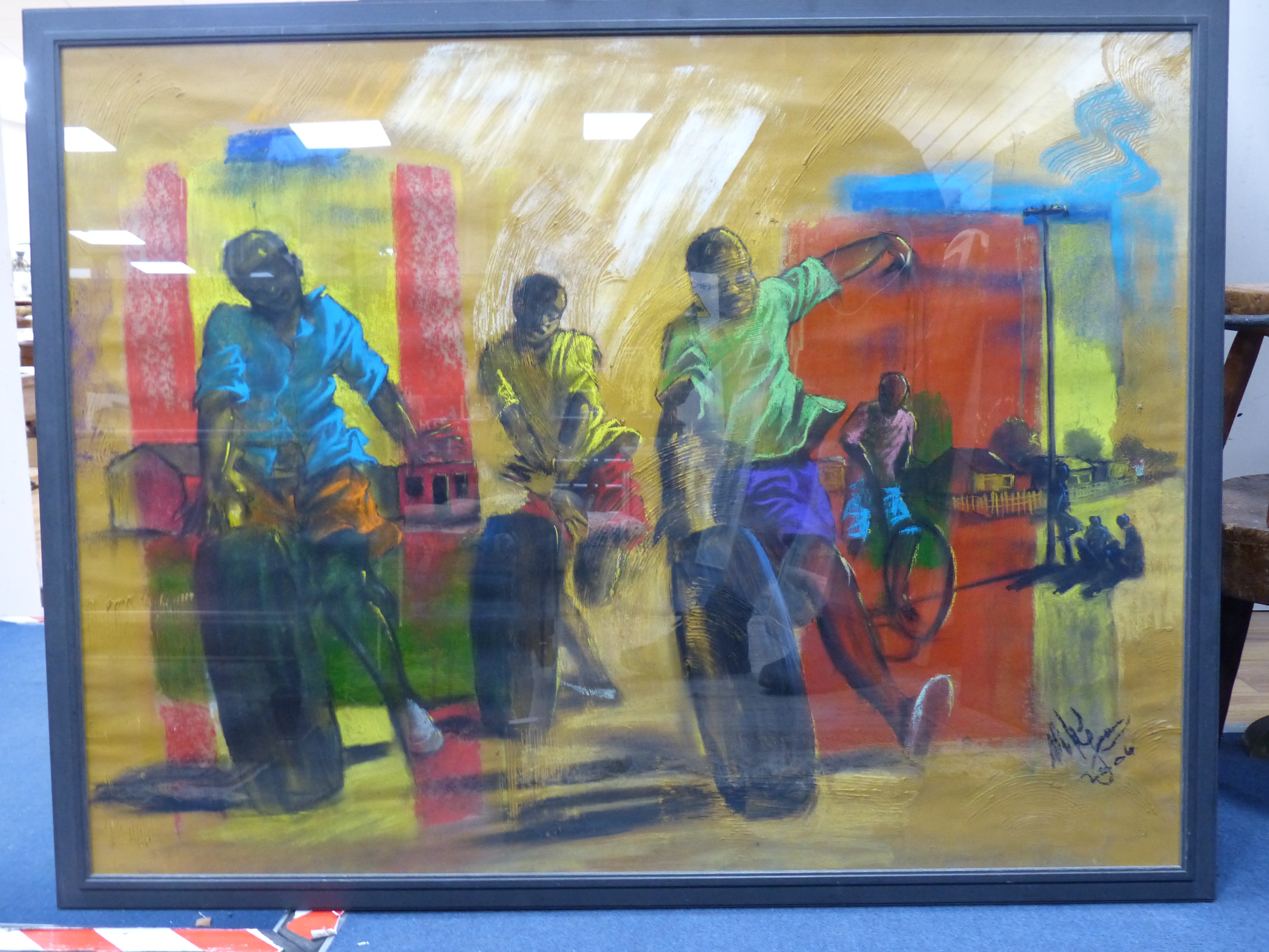 20th century African School, pastel on paper, Street children playing, 100 x 76cm